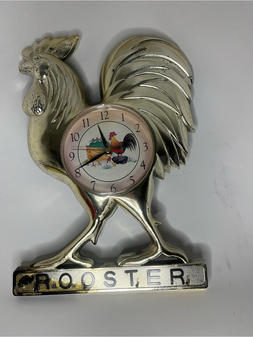Vtg Rooster Wall Clock Hanger Farmhouse Metallic  Works Kitchen Farmcore 16”x14”